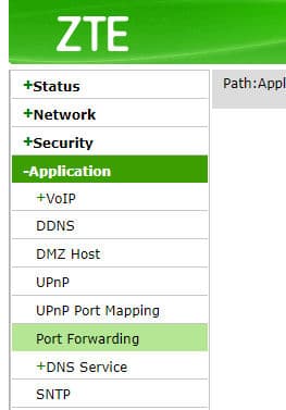 Menu Port Forwarding