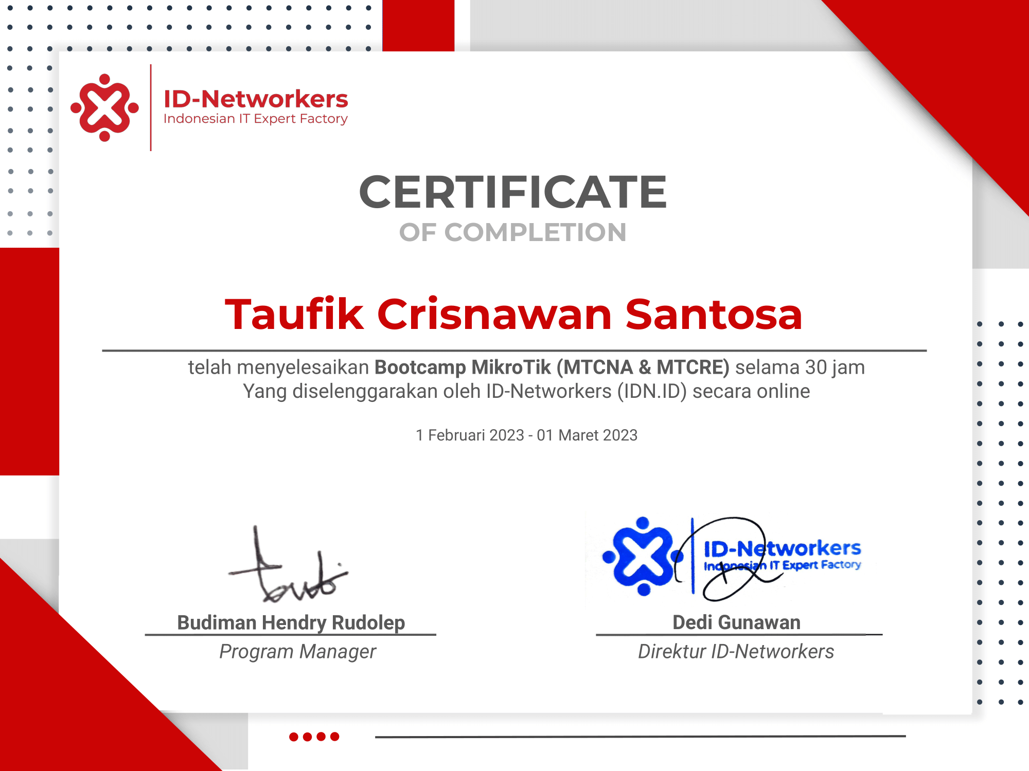 Bootcamp Mikrotik (MTCNA & MTCRE) - ID Networkers certificate