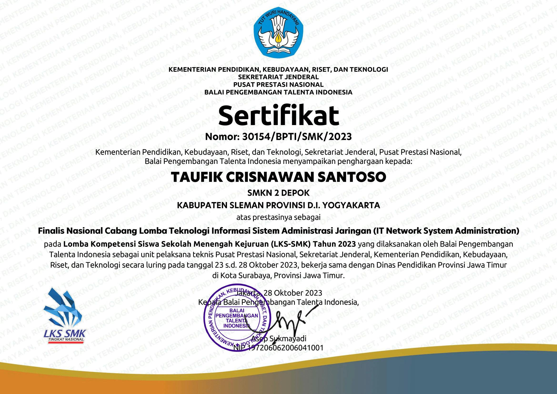 Finalis Lomba Kompetensi Siswa SMK Nasional - (ITNSA) certificate
