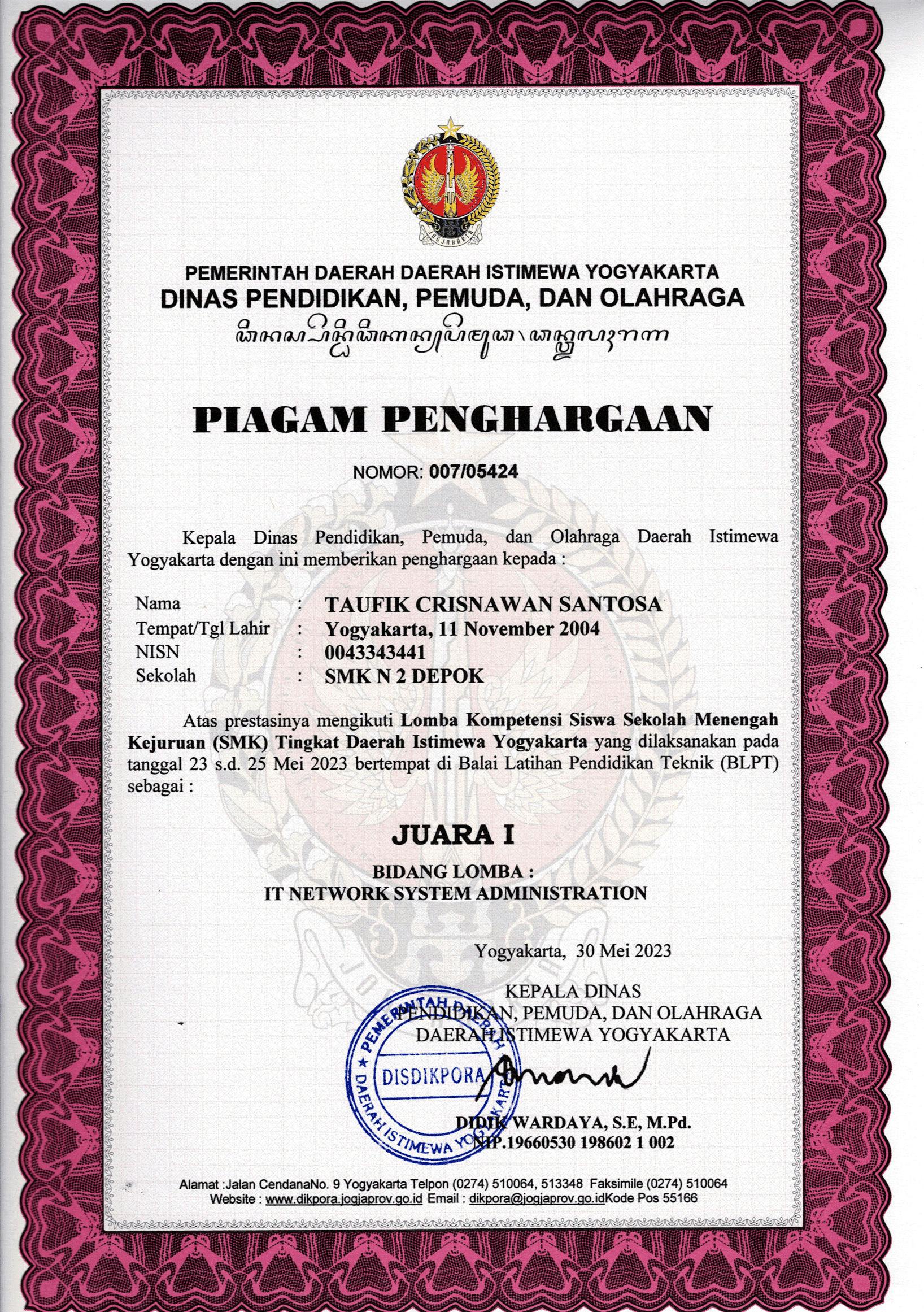 Juara 1 Lomba Kompetensi Siswa SMK Provinsi D.I. Yogyakarta (ITNSA) - Pusat Prestasi Nasional certificate