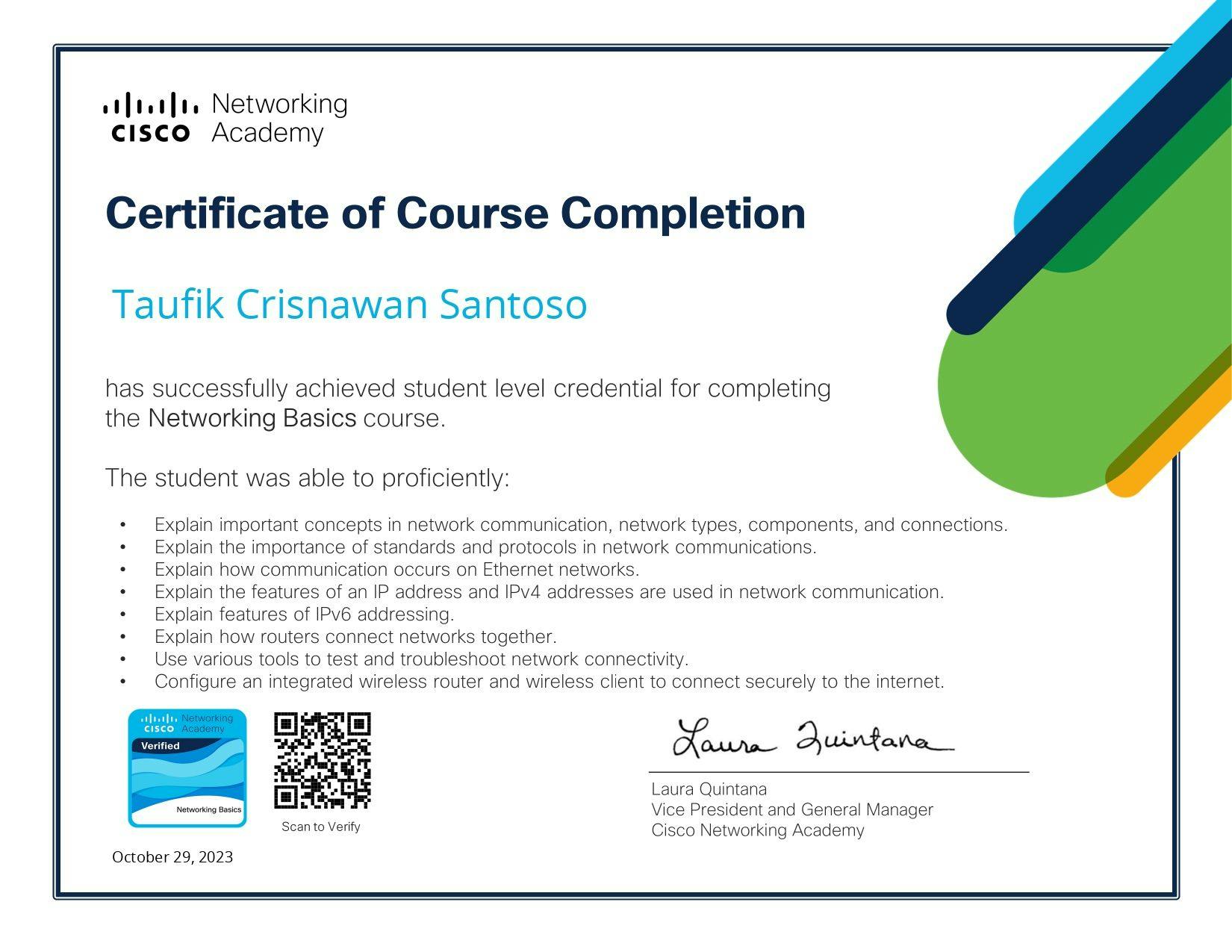 Networking Basics (Cisco) certificate