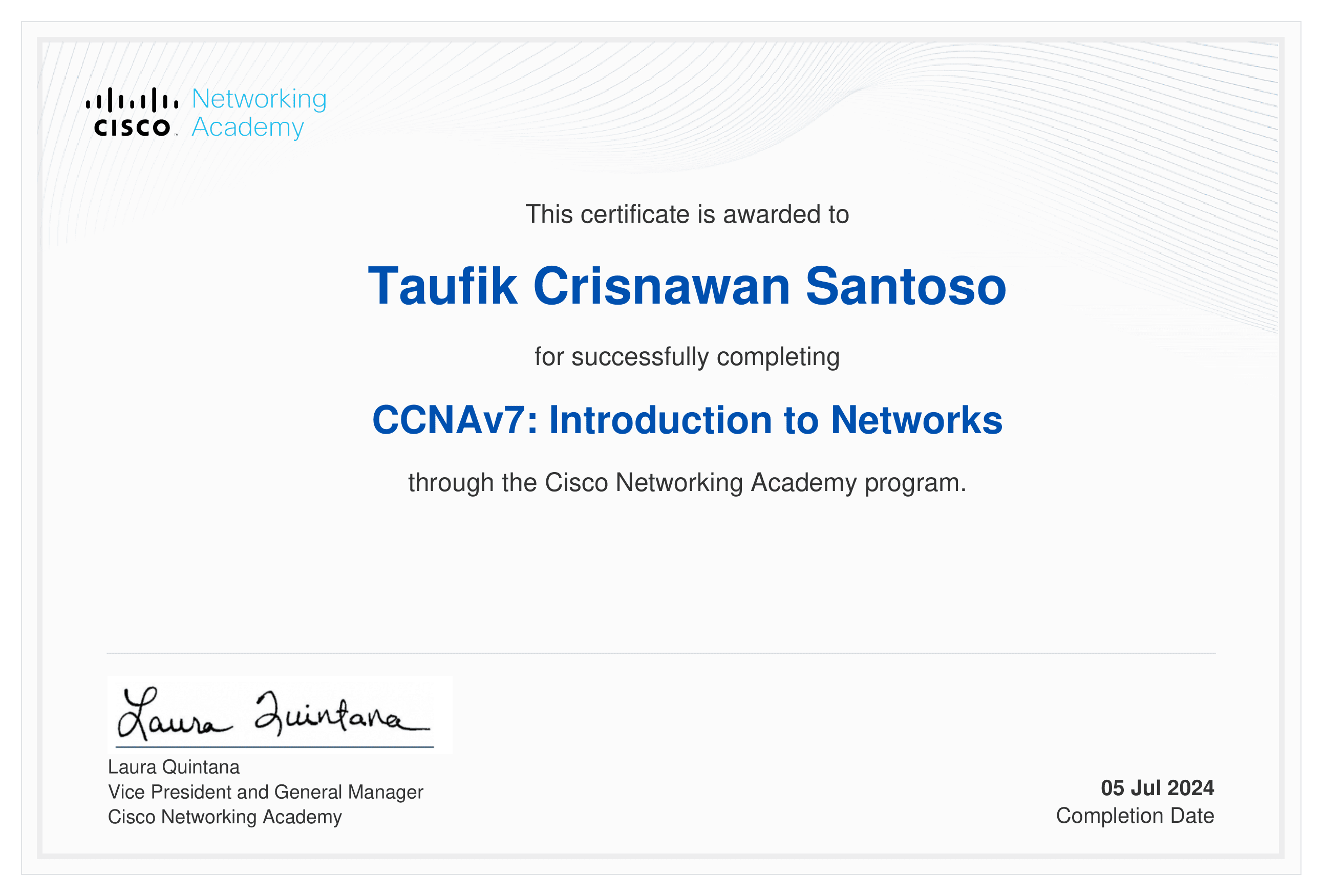 CCNAv7: Introduction to Networks - Cisco certificate